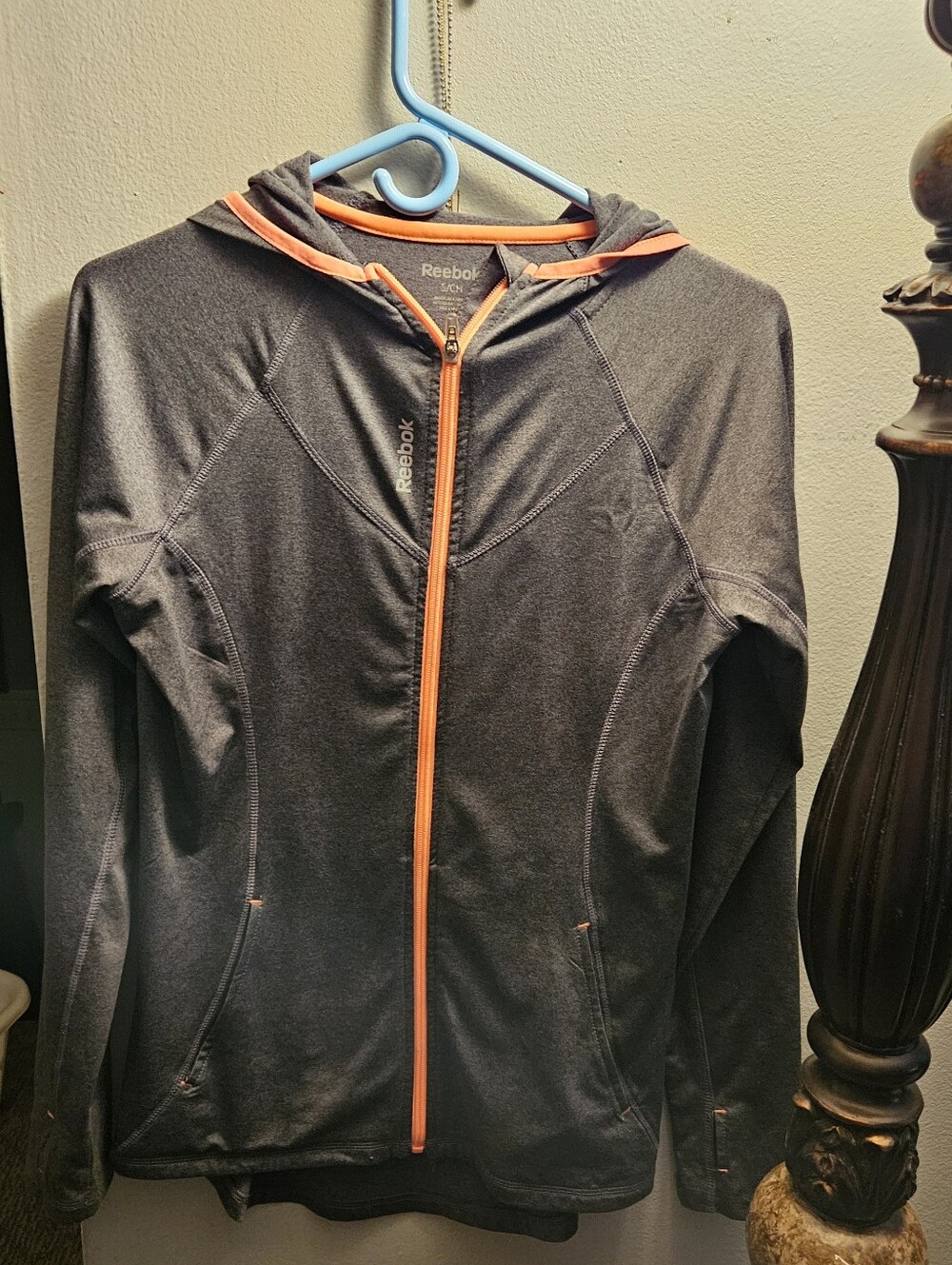 Reebok Dark Gray Athletic Zip Up Hoodie with Orange Zipper Size Small